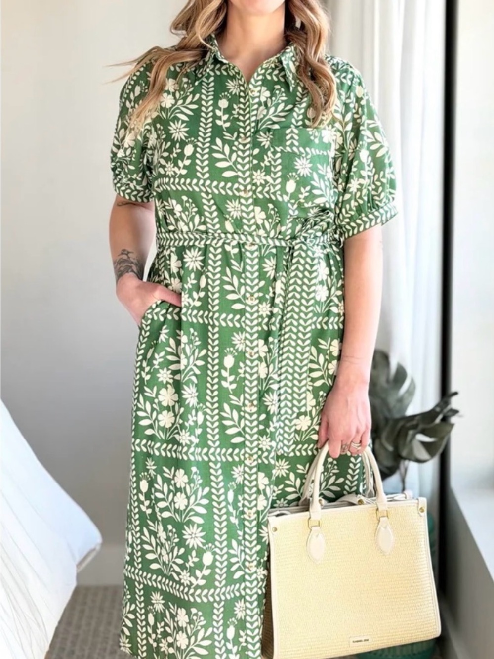 Green Floral midi Dress with Tie Waist